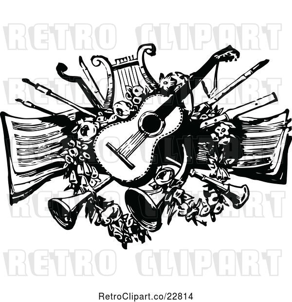 Vector Clip Art of Retro Guitar Lyre Horns and Other Instruments over Sheet Music