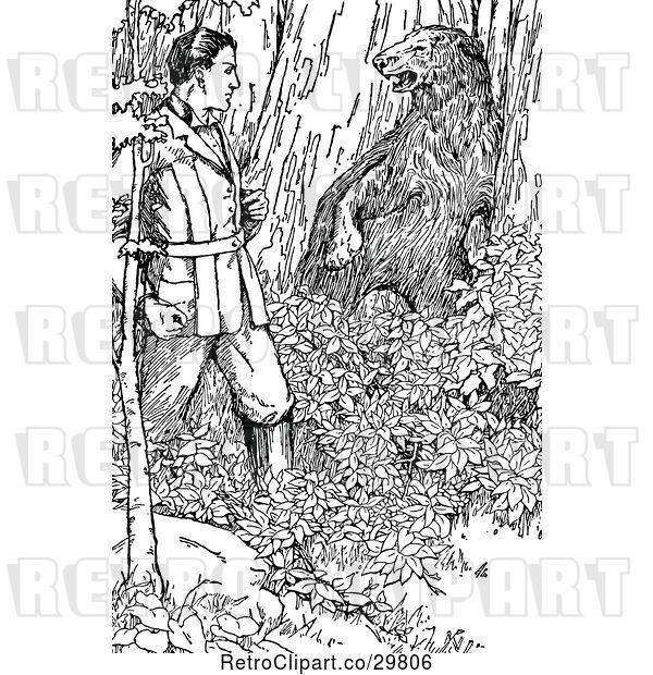 Vector Clip Art of Retro Guy and Bear in the Woods