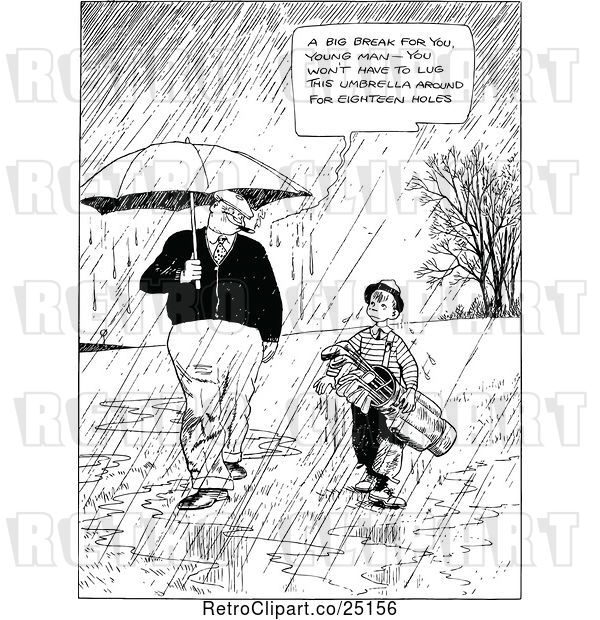Vector Clip Art of Retro Guy and Boy Carrying Golf Clubs in the Rain