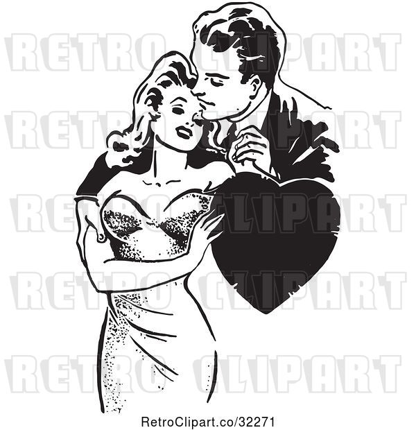 Vector Clip Art of Retro Guy and Lady Romanticly Embracing with a Heart in