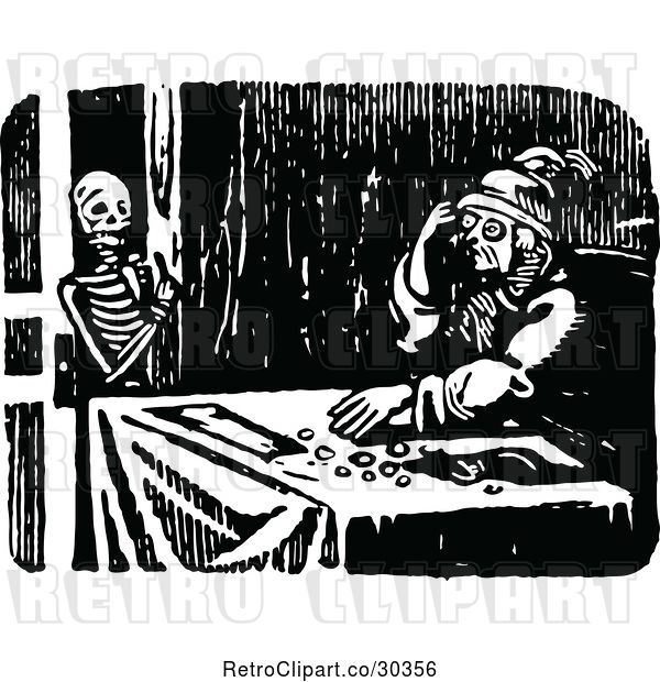 Vector Clip Art of Retro Guy and Skeleton at the Door