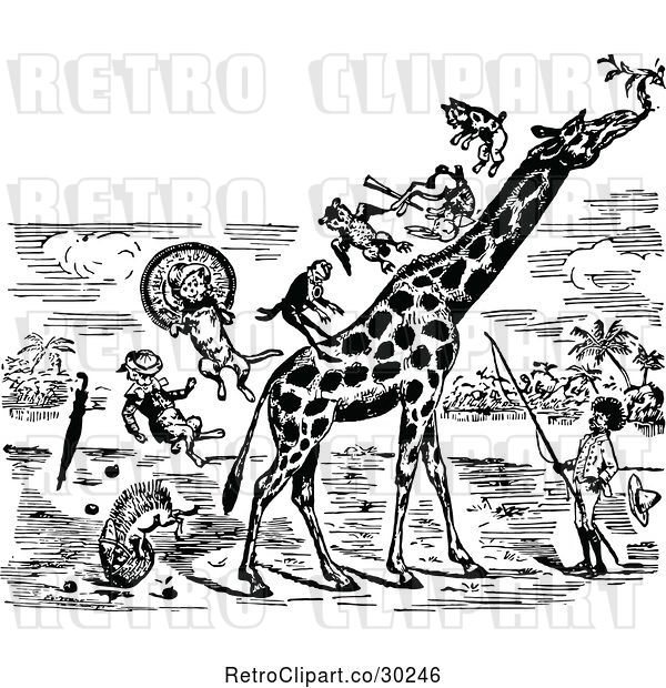 Vector Clip Art of Retro Guy and Stunt Animals on a Giraffe