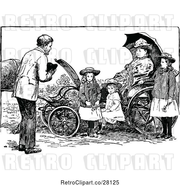 Vector Clip Art of Retro Guy Approaching a Lady and Children in a Carriage