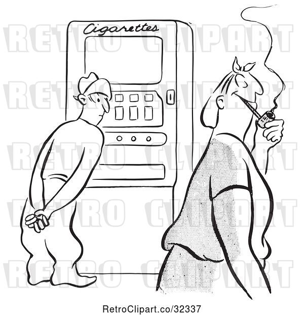 Vector Clip Art of Retro Guy at a Cigarette Machine Watching a Lady with a Pipe