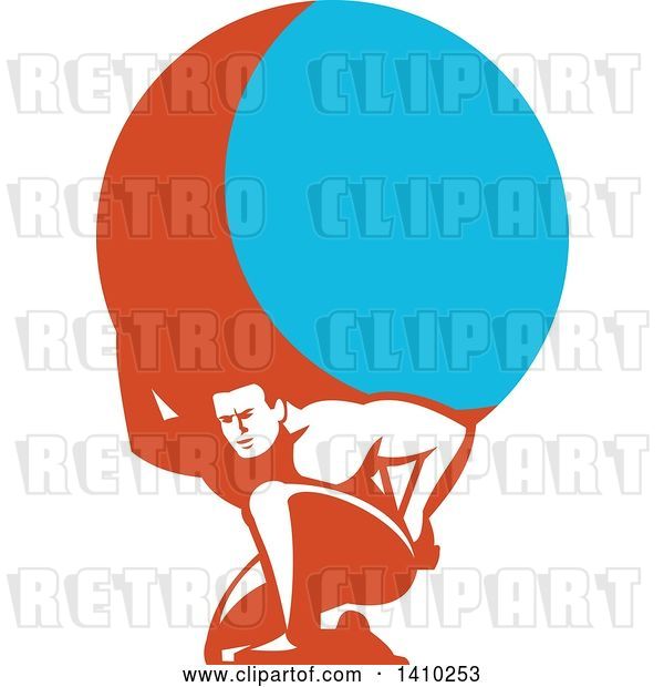 Vector Clip Art of Retro Guy, Atlas, Kneeling and Carrying a Blue and Orange Globe