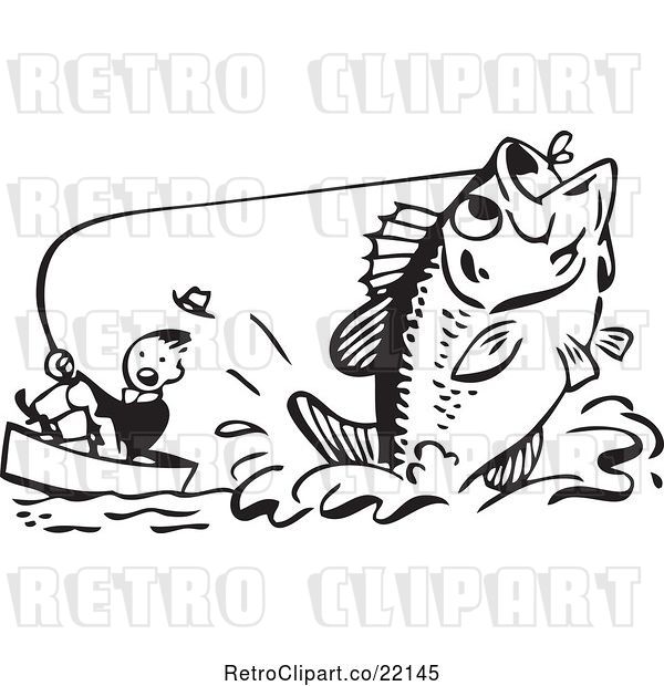 Vector Clip Art of Retro Guy Being Pulled by a Giant Fish