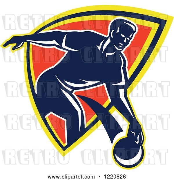 Vector Clip Art of Retro Guy Bowling and Emerging from a Shield