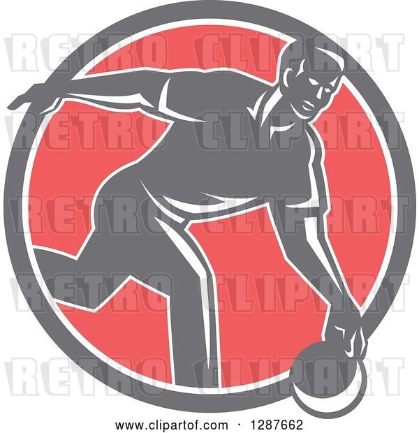 Vector Clip Art of Retro Guy Bowling in a Gray White and Pink Circle