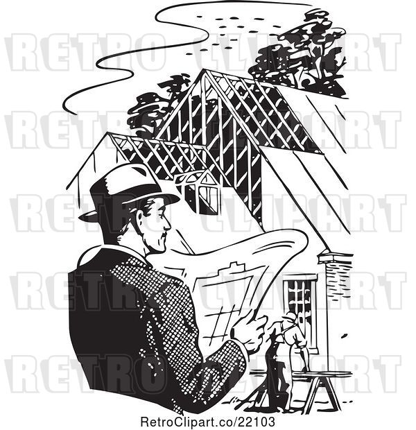 Vector Clip Art of Retro Guy by a Home Under Construction