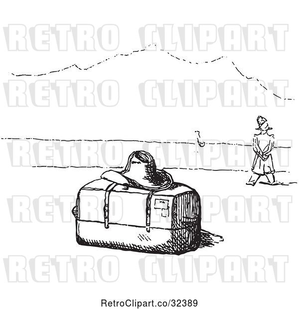 Vector Clip Art of Retro Guy by a Trunk and Hat in
