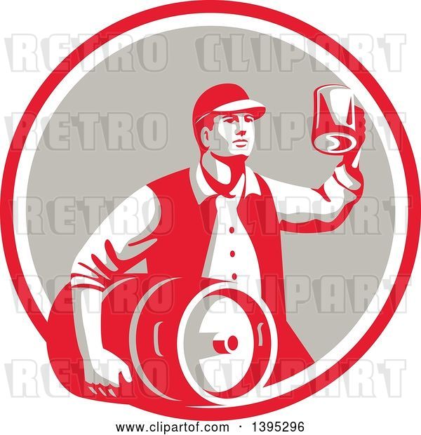 Vector Clip Art of Retro Guy Carrying a Beer Keg and Holding up a Mug of Beer in a Red White and Taupe Circle