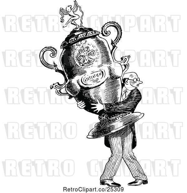 Vector Clip Art of Retro Guy Carrying a Giant Trophy