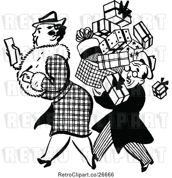 Vector Clip Art of Retro Guy Carrying a Shopping Womans Boxes