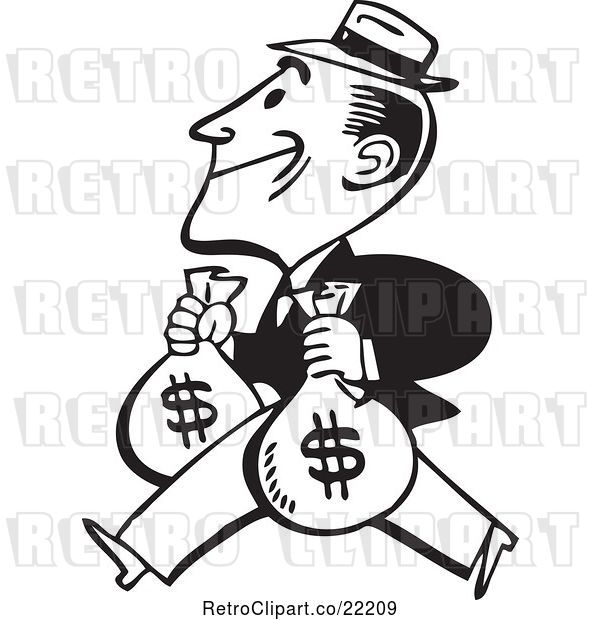 Vector Clip Art of Retro Guy Carrying Two Money Bags