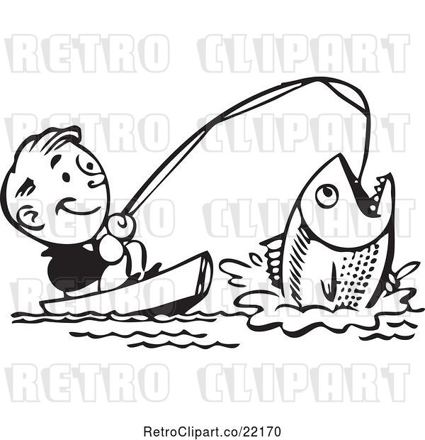 Vector Clip Art of Retro Guy Catching a Giant Fish