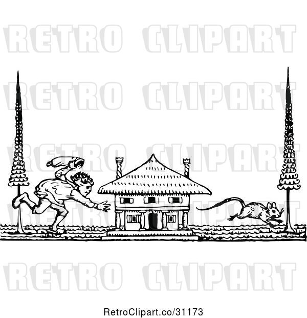 Vector Clip Art of Retro Guy Chasing a Mouse by a House