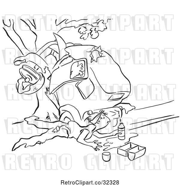 Vector Clip Art of Retro Guy Collecting Gas from a Leaky Tank After a Car Wreck