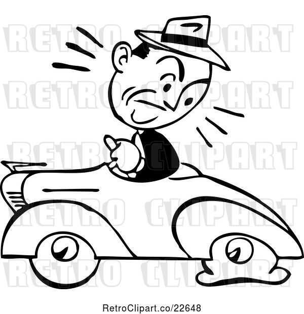 Vector Clip Art of Retro Guy Driving a Car with a Flat Tire