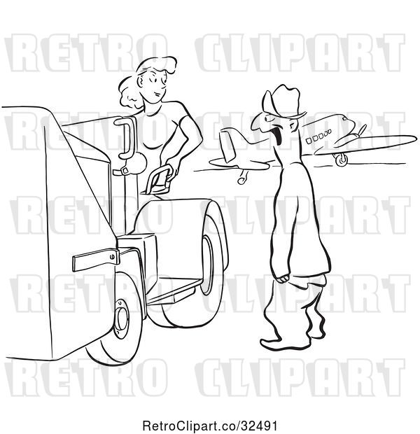 Vector Clip Art of Retro Guy Gaping at a Worker Lady