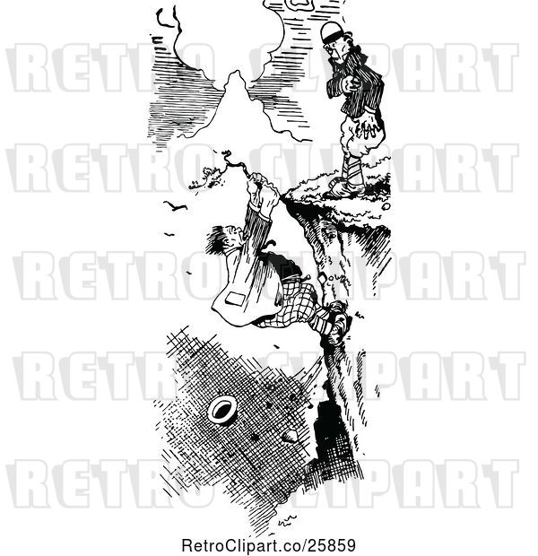 Vector Clip Art of Retro Guy Hanging from a Cliff