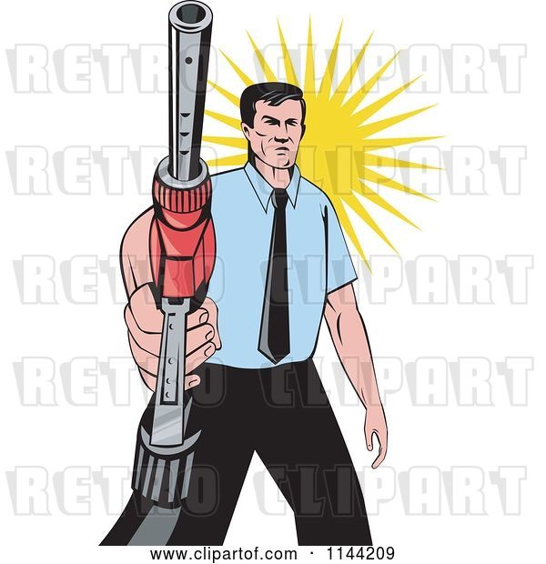 Vector Clip Art of Retro Guy Holding a Gas Station Pump Nozzle