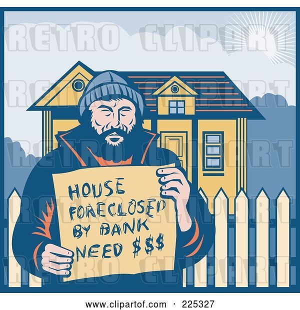 Vector Clip Art of Retro Guy Holding a House Foreclosed by Bank, Need Money Sign by His Home