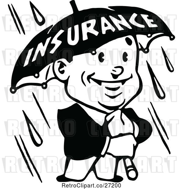 Vector Clip Art of Retro Guy Holding an Insurance Umbrella in the Rain