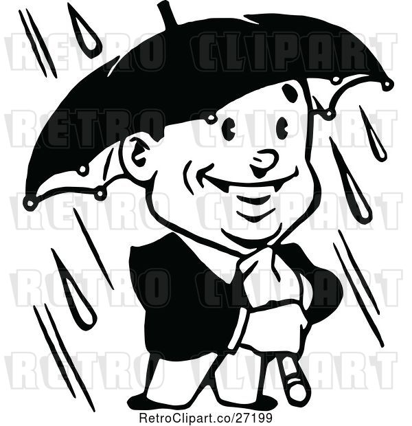 Vector Clip Art of Retro Guy Holding an Umbrella in the Rain