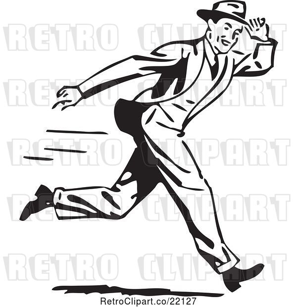 Vector Clip Art of Retro Guy Holding onto His Hat While Running