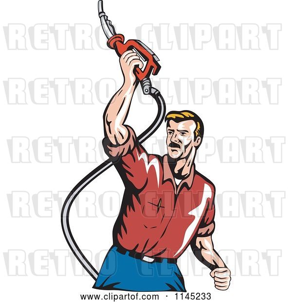 Vector Clip Art of Retro Guy Holding up a Gas Pump Fuel Nozzle