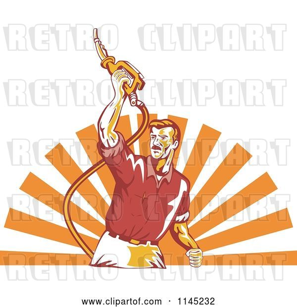 Vector Clip Art of Retro Guy Holding up a Gas Pump Fuel Nozzle over Rays