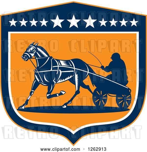 Vector Clip Art of Retro Guy Horse Harness Racing in a Blue White and Orange Shield