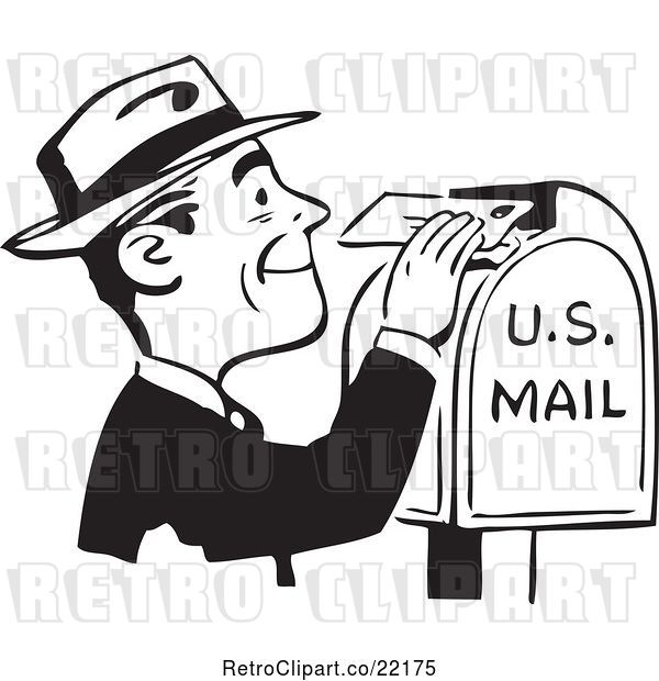 Vector Clip Art of Retro Guy Inserting a Letter in a Postal Box