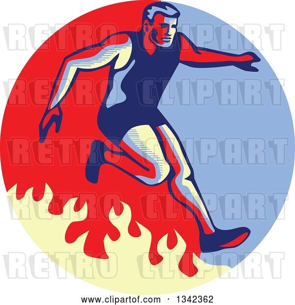 Vector Clip Art of Retro Guy Jumping over a Fire in an Obstacle Race Inside a Blue Red and Tan Circle