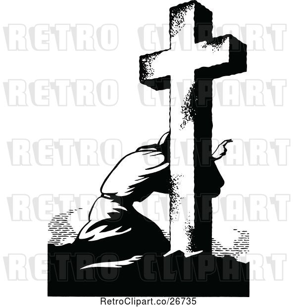 Vector Clip Art of Retro Guy Kneeling at a Cross