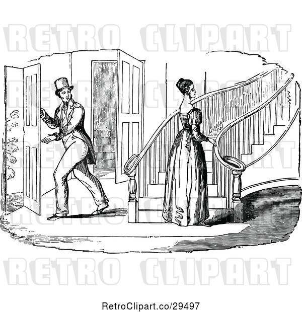 Vector Clip Art of Retro Guy Looking at a Lady by Stairs