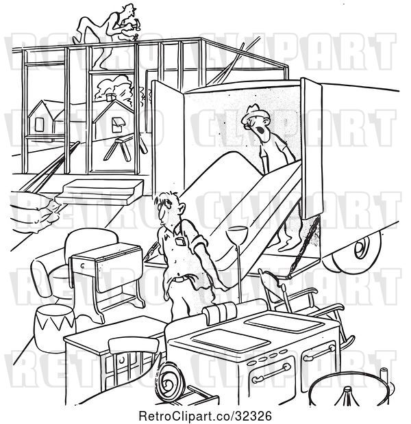 Vector Clip Art of Retro Guy Moving into an Incomplete House