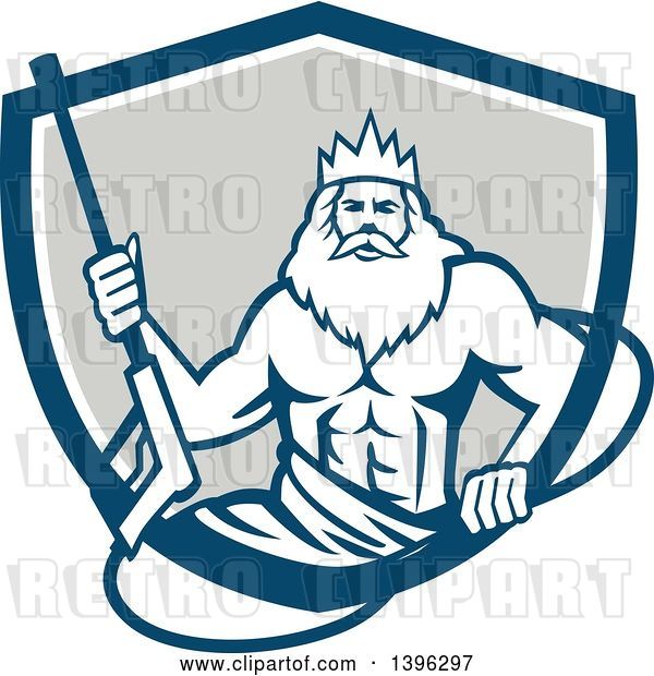 Vector Clip Art of Retro Guy, Neptune, Holding Pressure Washer Wand in a Blue White and Gray Shield