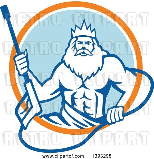 Vector Clip Art of Retro Guy, Neptune, Holding Pressure Washer Wand in an Orange White and Blue Circle