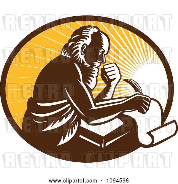 Vector Clip Art of Retro Guy or St Jerome Writing on a Page over Rays