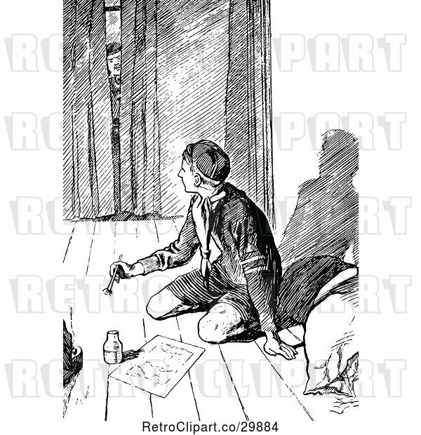 Vector Clip Art of Retro Guy Peeking in at a Boy Scout Writing