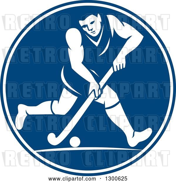 Vector Clip Art of Retro Guy Playing Field Hockey in a Blue and White Circle