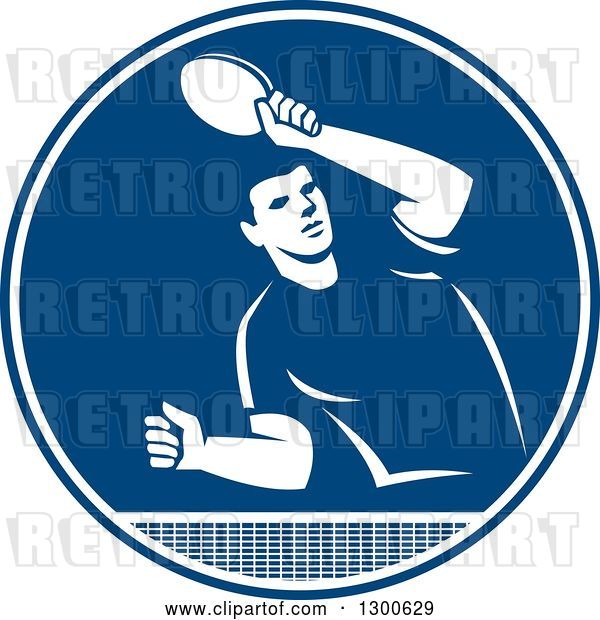 Vector Clip Art of Retro Guy Playing Table Tennis in a Blue and White Circle