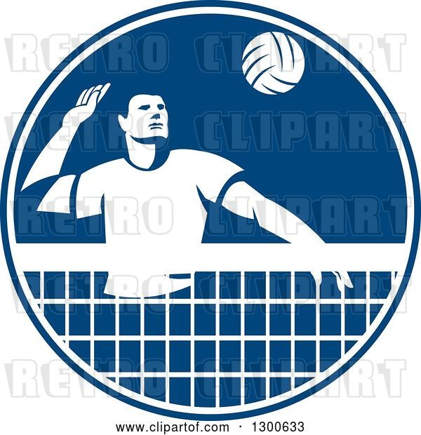 Vector Clip Art of Retro Guy Playing Volleyball in a Blue and White Circle