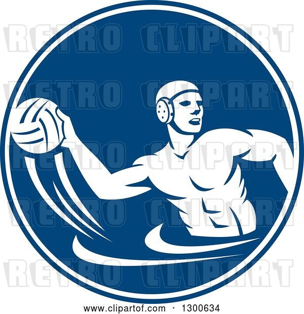 Vector Clip Art of Retro Guy Playing Water Polo in a Blue and White Circle