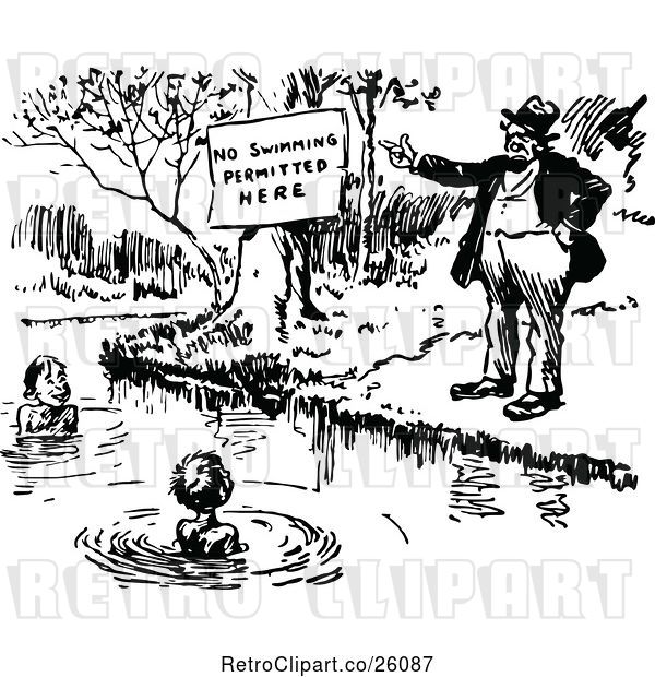 Vector Clip Art of Retro Guy Pointing to a No Swimming Sign by Boys in a Pond