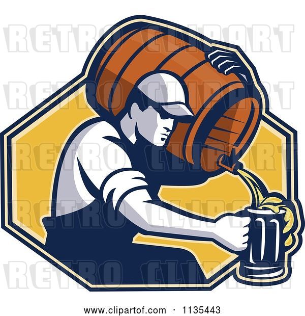 Vector Clip Art of Retro Guy Pouring Beer into a Mug from a Barrel over a Yellow Hexagon