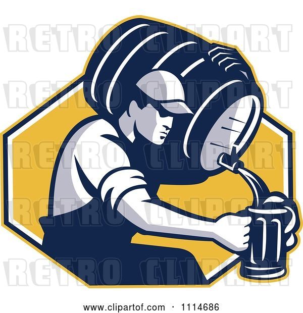 Vector Clip Art of Retro Guy Pouring Beer into a Mug from a Keg over a Yellow Hexagon