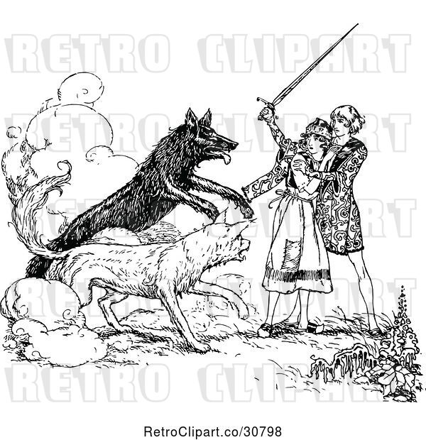 Vector Clip Art of Retro Guy Protecting a Lady from Wild Dogs
