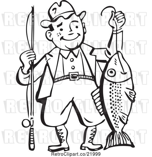 Vector Clip Art of Retro Guy Proudly Holding His Catch
